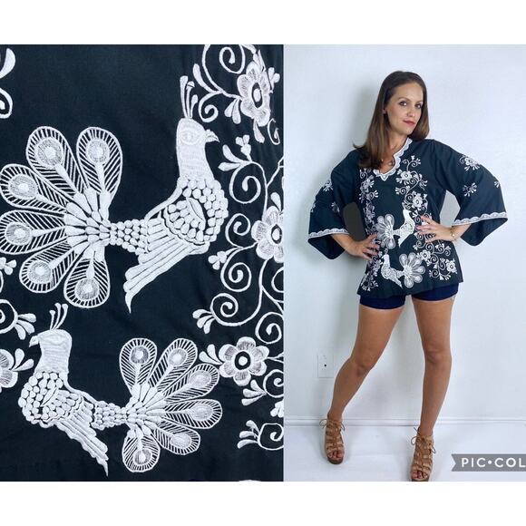 vintage 70s Chuchi Black EMBROIDERED PEACOCK Bell Sleeve TUNIC Large handmade - Picture 1 of 10